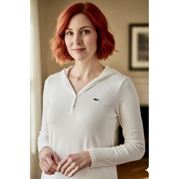 LACOSTE White Waffle Cotton Pique Button Henley L/S Hooded Top W’s EU40 US8 - Picture 1 of 6